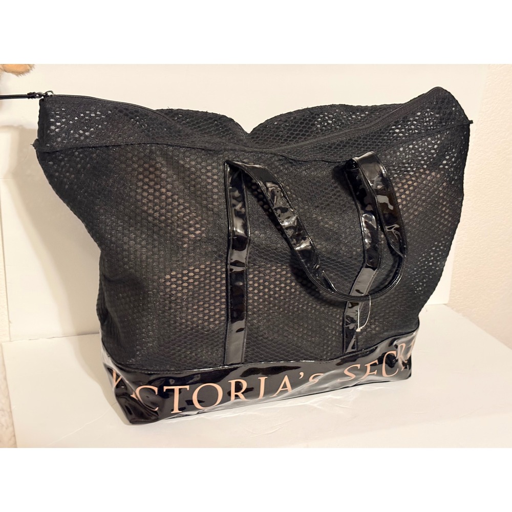 Victoria's Secret Black Mesh Tote Bag Rose Gold Logo Vinyl Trim Y2K collectible